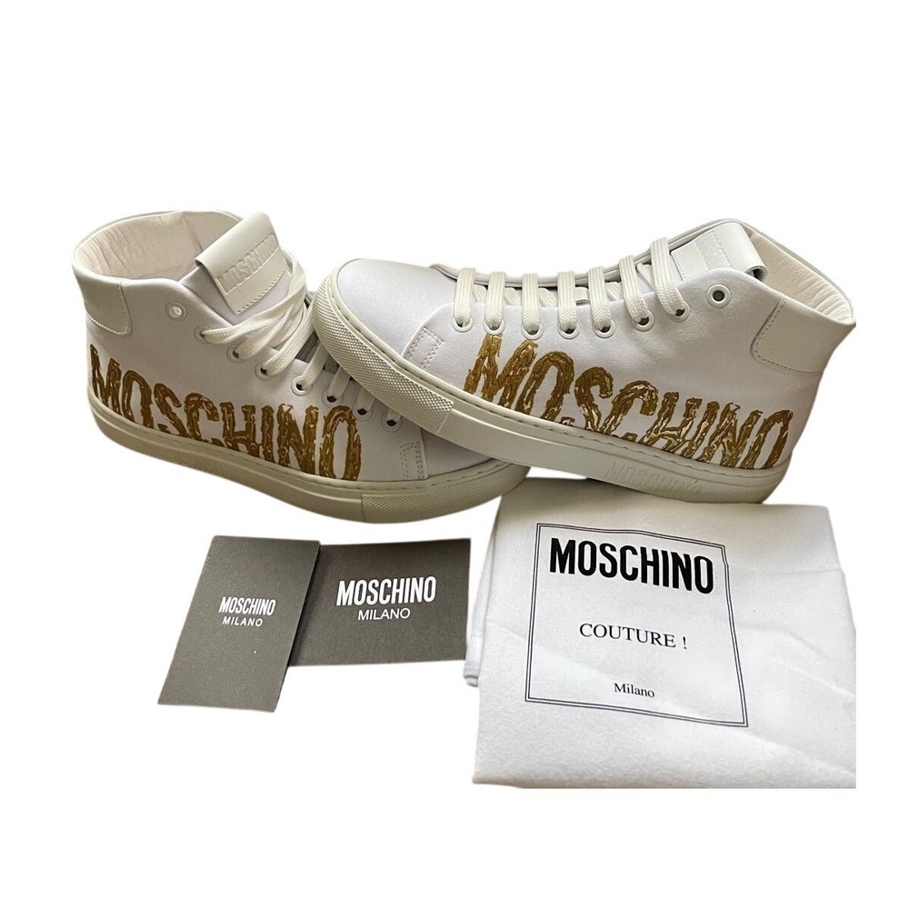 Moschino Couture White Gold Logo High Top Sneakers Made in Italy Size 35